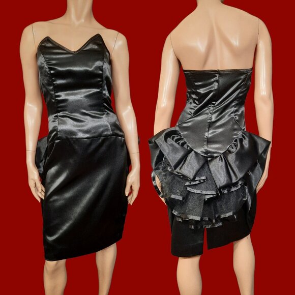 Vintage 80s Strapless Dress Black Satin Ruffled Prom Party Cocktail Size S - Picture 1 of 9